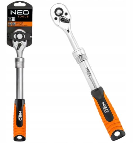 NEO TOOLS Teleskop-Ratsche 1/2 Zoll, 72 Zähne CrV CrMo Halbzoll 305-445 mm | Feinverzahnung für Arbeiten bei geringem Schwenkraum, Schnellverriegelung für zügigen Steckschlüsselwechsel