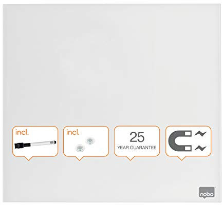 Nobo Glas-Whiteboard Kleine Magnetische Wandtafel, Trocken Abwischbare Glas-Oberfläche, Rahmenlos, Unsichtbare Wandmontage, 450 x 450 mm, Inkl. Markerstift und Magneten, Brilliant Weiß, 1903957