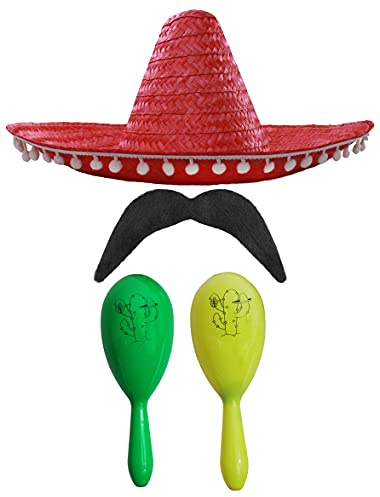 Mexikansk underbar klänning tillbehörsset – Mexikansk SOMBRERO med maracas och tvättning – (röd POM SOMBRERO + grön och gul maracas)