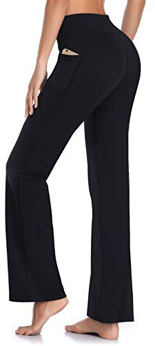 HISKYWIN Yogabyxor i 4-vägsstretch med magkontroll och innerficka, träningsbyxor, löparbyxor, långa bootcut-byxor med utsvängda ben, M