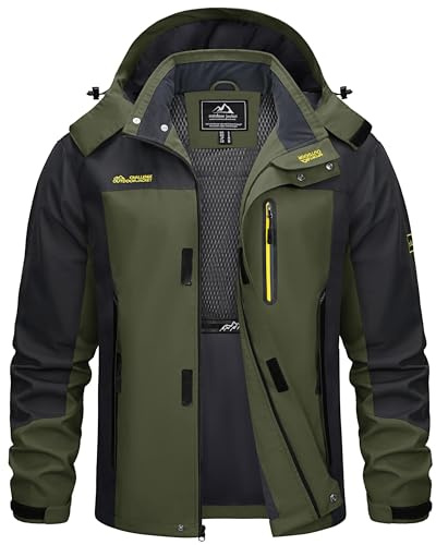 TACVASEN Veste Homme Hiver Chaud Capuche Amovible Veste de Travail Homme Softshells Randonnée Coupe Vent Vêtements Imperméables Vert Militaire, S