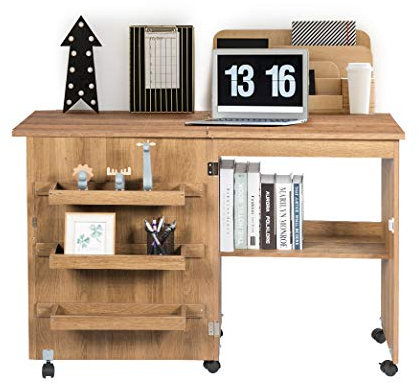 DREAMADE Nähtisch Nähmaschinenschrank Faltbar, Nähschrank Nähmöbel, Mehrzwecktisch mit 4 Rollen (Natur)