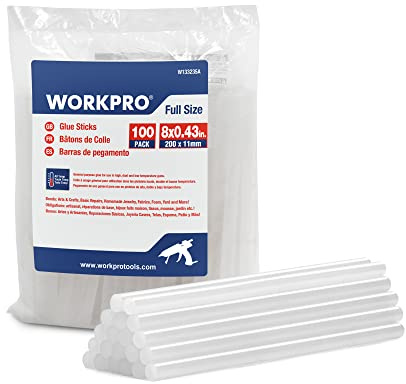 WORKPRO Full Size Hot Glue Sticks, 100-pack, 0.43x8 Inches, Compatible with Most Glue Guns, Multipurpose for DIY Art Craft General Repairs, Home Decorations and Gluing Projects