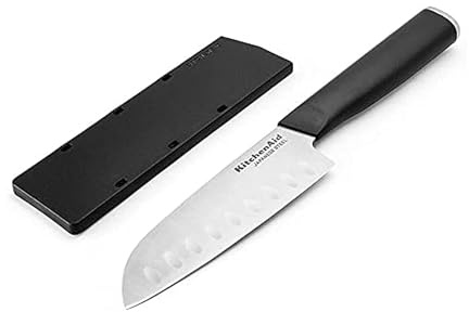 KitchenAid Couteau Santoku classique avec couvercle de lame sur mesure, 12,7 cm, couteau de cuisine tranchant, lame en acier inoxydable japonais à haute teneur en carbone, noir