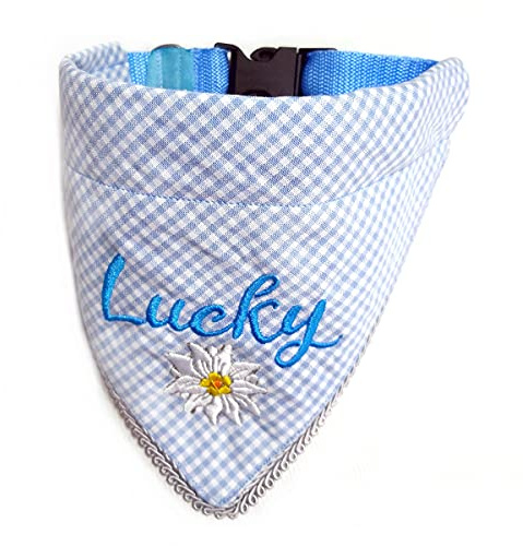 Hundehalstuch mit Halsband Trachten Jäger Bayern Style optional mit Wunsch Namen bestickt Karo Hellblau Halstuch Tuch