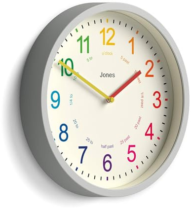 Jones Clocks® Kids wall clock | Small modern children’s nursery clock | 25cm | Grey | Colourful dial for learning to tell the time