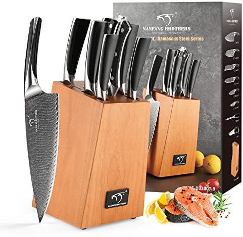 NANFANG BROTHERS Messerset,9-teiliges Damast-Küchenmesserset mit Block, Messerset für die Küche, Japanisches Messer Set, ergonomischer ABS-Griff für Kochmesserset, Messerschärfer und Küchenschere