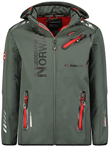 Geographical Norway Royaute män – mjuk skaljacka med huva man vattentät – utomhus rock taktisk vindjacka resistent – vandring skidor höst vinter vår, Mörkgrå röd, L