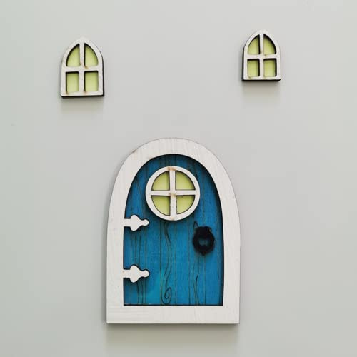 Dimoxii Wichteltür Weihnachten Set aus Hölz Nissedor Set Miniatur Wichtel Tür Weihnachten mit Fenster Weihnachtswichtel Tür Set (Blau)