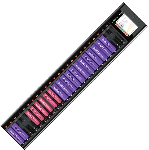 LIMETA 24-Slot - Cargador de batería Inteligente AA AAA Universal USB Type-C Cargador de batería LCD con Pantalla LCD Recargable Cargador rápido baterías Li-LON LiHv NI-MH NI-CD Negro