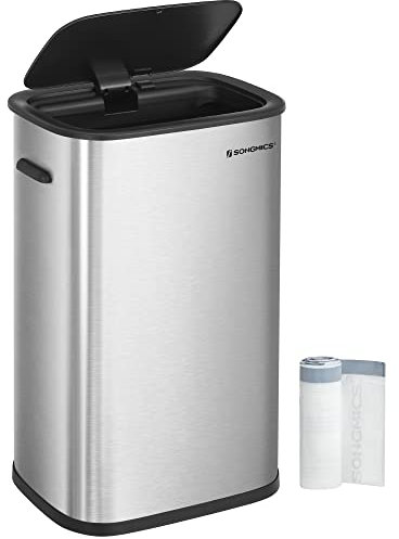 SONGMICS Poubelle de Cuisine Automatique 50L, avec Couvercle à Fermeture en Douceur, Anneau de Maintien du Sac, Poubelle en Acier Inoxydable, 15 Sacs Poubelles Inclus, Argent LTB610E50