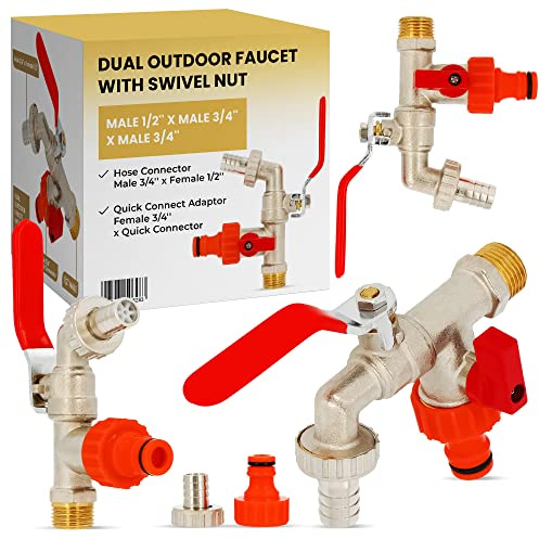 Doppel Garten Wasserhahn mit Dichtungsmutter 1/2 IG x 3/4 AG Schlauchanschluss 3/4 AG x Steckanschluss 1/2 und Schnellanschluss 3/4 IG x Schnellverbinder 1/2 | Außenwasserhahn Auslaufhahn Gartenhahn