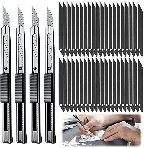 4 Stück Cuttermesser Set: Cuttermesser Profi Cuttermesser 9mm Messer Cuttermesser mit 40PCS 30°Abbrechklingen, aus SK5 Legierter Stahl, Tragbares Cutter Klingen für Folien, Papier, Basteln (Schwarz)