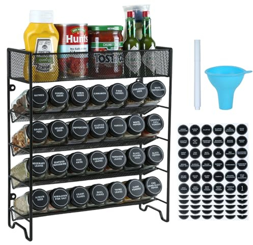 Skiileor Spice Rack Organizer with 28 Spice Jars, Black Lids，Spice Labels, Chalk pen and Funnel Set for Cabinet, Countertop, Pantry, Cupboard or Wall Mount