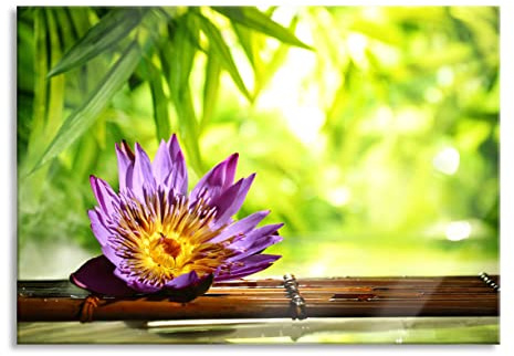 Pixxprint Glasbild, Wandbild aus Echtglas, Seerose auf Bambus Wellness, 80x60 cm, inkl. Aufhängung und Abstandshalter