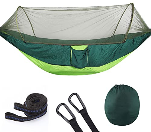Campinghängmatta med myggnät, popup-hängmattor för 2 personer med trädremmar, bärbar fallskärmsäng i nylon, för utomhusresor, backpacking (D)