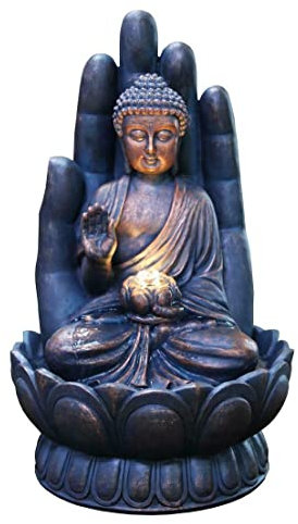 Fontaine d'eau de Jardin extérieure Fontaine d'eau intérieure et extérieure en polyrésine avec lumières LED Fontaines de Cascades sur Pied de Bouddha de Palmier de Jardin pour la Cour de la