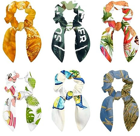 6 Pcs Hair Scrunchies -Summer Time Palm Trees Hair Scarf Scrunchy with Ribbon Bow, Elastic Hair Ties Ponytail Holders for Women Teenage Girls