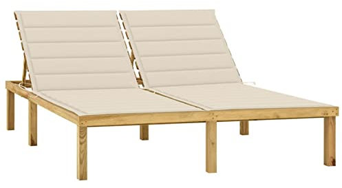 Camerina Doppel-Sonnenliege mit Creme Auflagen Kiefer Imprägniert Gartenliege Extra Hoch