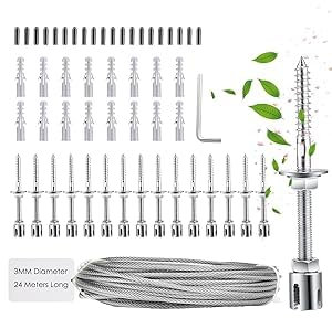 CUPCHID Support pour Plantes Grimpantes, 12m Corde en Acier Inoxydable à Suspendre Kit avec 3mm Cable INOX et 8 Tendeurs, pour Jardin/Mur Béton/Clôture Câble/Bois Massif (12m)