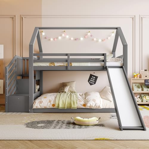 Merax Etagenbett Kinderbett Hausbett: Grau Etagenbett mit Stauraumtreppe, Rutsche und Geländer - Perfekt für Kinder und Jugendliche (90x200cm) Ohne Matratze