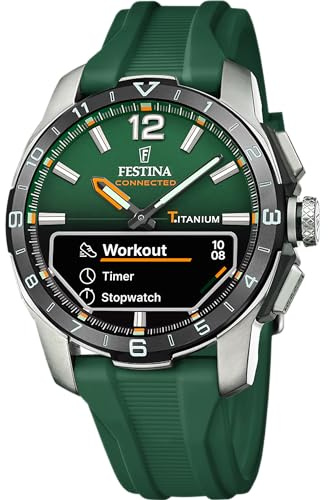 Festina Montre Connectée Hybride Homme - Bracelet Caoutchouc Vert - Suivi Pas, Musique, Notifications - Autonomie 10 Jours - F23000/2 Connected D