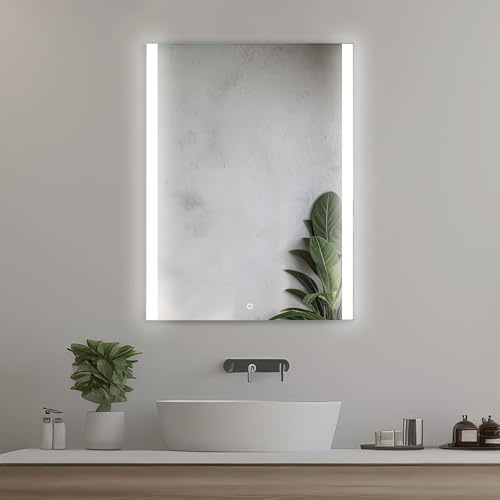 Home Glow Rechteckiger LED Badspiegel 50 × 70 cm, Seitenbeleuchtung | Badezimmerspiegel mit Beleuchtung, LED Wandspiegel, Touchschalter, Neutralweißes Licht, Modernes Design