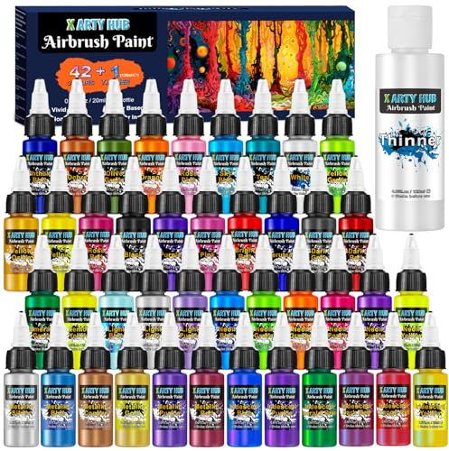 X ARTY HUB Airbrush Farbe - 42 Farben mit 120 ml Verdünnern, Schillernde, Neonfarbene und Metallische Airbrush Farben Acryl, Gebrauchsfertig, Wasserbasiertes Airbrush-Malset für Künstler und Anfänger