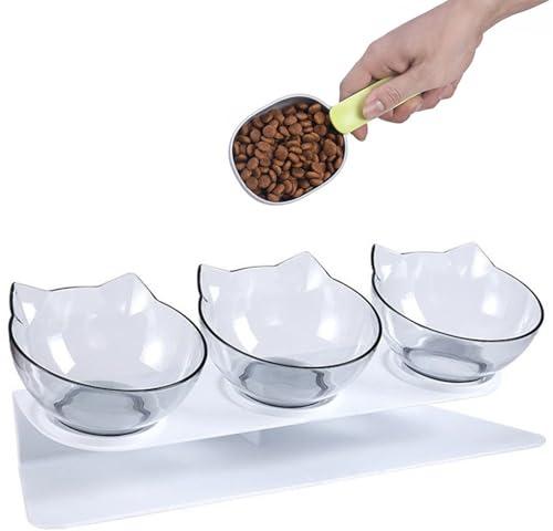 3 Piezas Comedero Gatos con Soporte Elevado, 15°Inclinación Cuenco Anti Vómitos para Gatos y Cachorros, Bebedero Gato Antideslizante Transparente Extraíble, Cuenco Mascotas con 1 Cuchara 1 Soporte