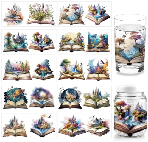 arricraft 10 Stück UV DTF Cup Wrap Transferaufkleber 10 Stile Transferpapier Mit Fantasy Büchern Burgen Und Pflanzen Abziehbilder Zum Aufreiben PVC Cup Wrap Wasserfeste Abziehbilder Für Tassen