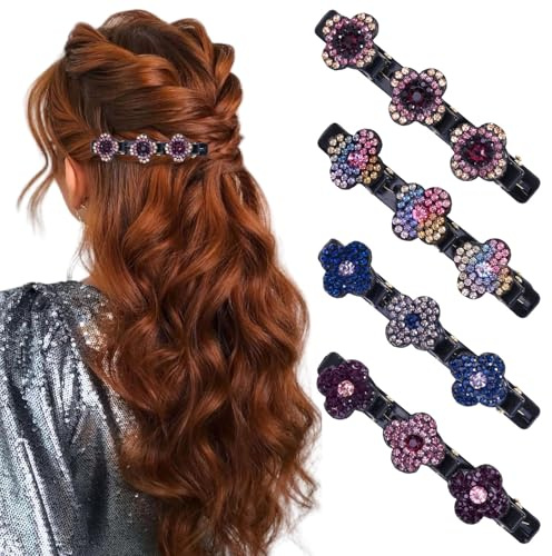 Kiiwah 4 Stück Geflochtene Haarspangen, Doppelschicht Haarklammer Glitzernde Kristall-Stein Haarspangen Mädchen Haarspange Mit Kristallblume Kolibri für Damen und Mädchen