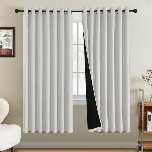 BellaHills 100% Blackout Curtains for Bedroom Thermal Faux Linen Curtain for Living Room Burlap Textured Eyelet Curtains & Drapes, 2 Panels, 90 x 72 Inch, Heather Ivory