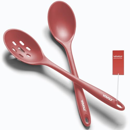 Silicone Spoons for Cooking - Extra Large Kitchen Spoons for Mixing, Serving, & Stirring - 600°F Heat-Resistant Non Stick Utensils Ladle & Skimmer- Dishwasher Safe, Red