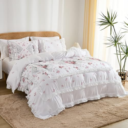 Herside Flower Duvet Cover Set Double Size Rose Floral Printed Vintage White Pink Duvet Cover 3 Layer Ruffled Bedding Cover Romantic Comforter Cover 200x200cm 3PCS All Season with Zipper Closure