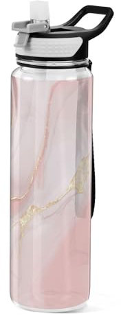 Pink Marble Rose Gold Water Bottle 1L with Straw, Leakproof BPA Free Tritan Drink Bottle, Sport Water Bottle for Men Women Kids