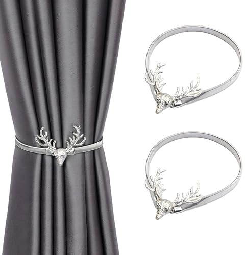 Horn Dekorerat gardinlås, 2 stycken, gardin i metall med hjortgardin, gardinomtag med snap-design, elastisk dragsko, gardinstängning, gardinhållare, gardinhållare för snygg fönsterdekoration