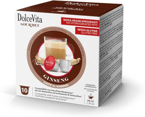 80 Capsule GINSENG DOLCE Compatibili con macchine NESPRESSO marca DOLCE VITA - 8 Sacchetti da 10 Capsule Prodotto Senza Glutine *