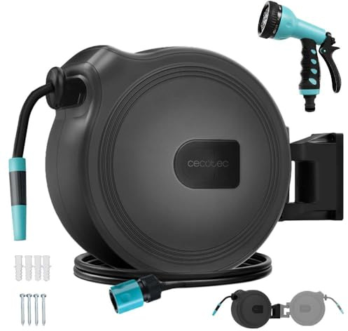 Cecotec Carrete de Manguera de 20m HydroShell 20. Enrollador Automático con SlowReturn Technology, Portátil y Ergonómico, Incluye Boquilla Simple y Pistola Pulverizadora, Conexión Universal 3in1