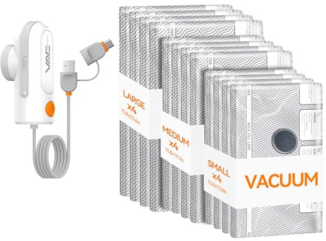 VACKFOX vakuumpumpe mit USB- und Type-C-Pumpe,12-teilige vakuumbeutel für kleidung mit pumpe für Gepäck,starke -58KPa Saugkraft,für Reise- und Haushaltskleidung sowie Decken(Grau)