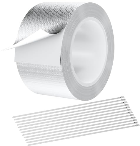 Ferizzia Ruban Adhésif Aluminium, 50mm x 10m Renforcé Par Fibre de Verre Scotch Isolant Thermique, Ruban Adhesif Haute Temperature, pour La Réparation, L'isolation, L'étanchéité
