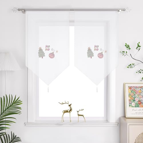 Joyswahl Scheibengardine mit Weihnachten Muster Bistrogardinen mit Quaste Panneaux Transparent Kurzstore mit Tunnelzug Weiß BxH 60x90cm Weiß 1 Stück