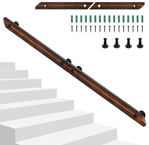 Hebitod pasamanos de madera de pino, barandilla de 200 cm para escaleras, antideslizante con soportes de pared y material de montaje, barandilla para escaleras y balcones, marrón