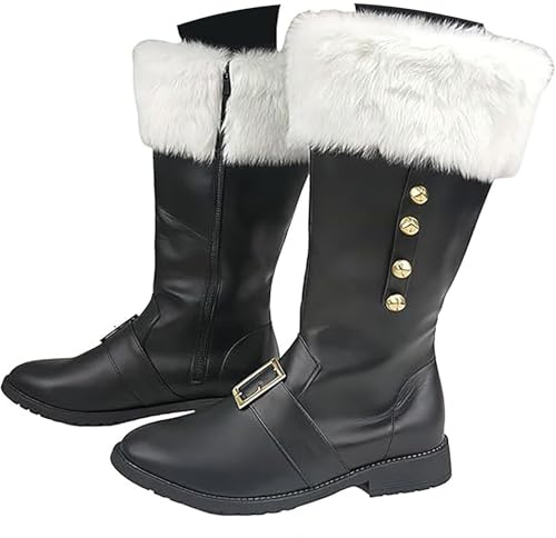 Christmas Santa Claus Boots Men's Wide Calf Santa Combat Boots with White Plush Cuffs Xmas Mid-Calf Boot Foot Bells Buckle Strap for Christmas UK 10 Ladies Black Footwear
