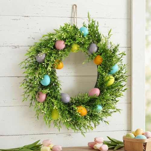 Suncalla 14 Inch Rustic Farmhouse Easter Wreath Front Door Decor Eggs-in-Grass Design Lush Faux Lawn & Pastel Eggs, Indoor/Outdoor Spring Easter Egg Hunt Parties & Brunch Table Centerpieces