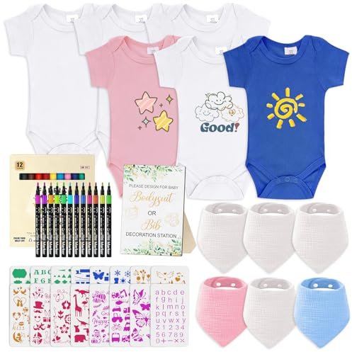 XIA7VE Baby Lätzchen zum Bemalen babyparty deko 12 Stück,6x Babybody aus Baumwolle,6x musselin tücher baby,12 Farbigem Textilstift 15 Tiere Malvorlagen,Gender Reveal Geschenk für Babyparty spiele