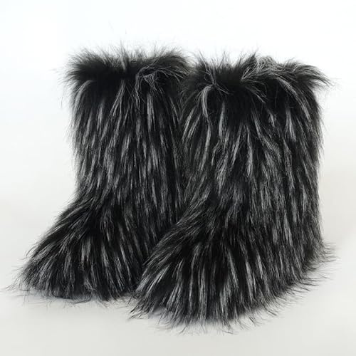 Kvinnors snöboots i konstpäls, fluffiga benvärmare, vinterstövlar till mitten av vaden, mode och bekväma utomhusstövlar black European-size-40