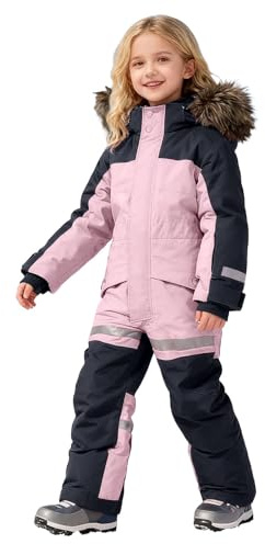 Vinteroverall barn storlek 3–14 år flickor pojkar vattentät vindtät skiddräkt varm vinter skidoverall med pälskrage skidkläder snowboard skidoverall, Ljusrosa, 6-7 Jahre
