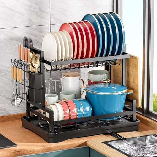 Double Layer Kitchen Dish Rack, 42x31x33 cm 2 Tier Multifunctional Iron Dish Drying Rack with Drainboard and Utensil Holder Rustproof SpaceSaving Dish Drainer for Kitchen Countertop - Black
