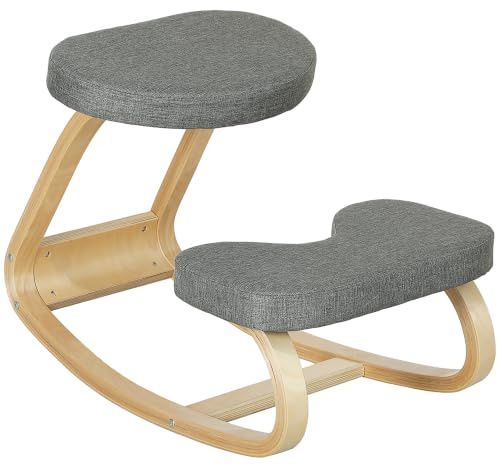 HOMCOM Kniestuhl Ergonomischer Kniehocker Basis aus Birkenholz Grau | Mit Leinenoptik, Bürostuhl, Sitzhocker zur Verbesserung der Nackenschmerzen, für Zuhause, Büro, Meditation