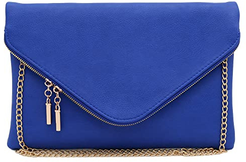 FashionPuzzle Übergroße Clutch mit Umschlag und Kettenriemen, XL - Königsblau, Einheitsgröße